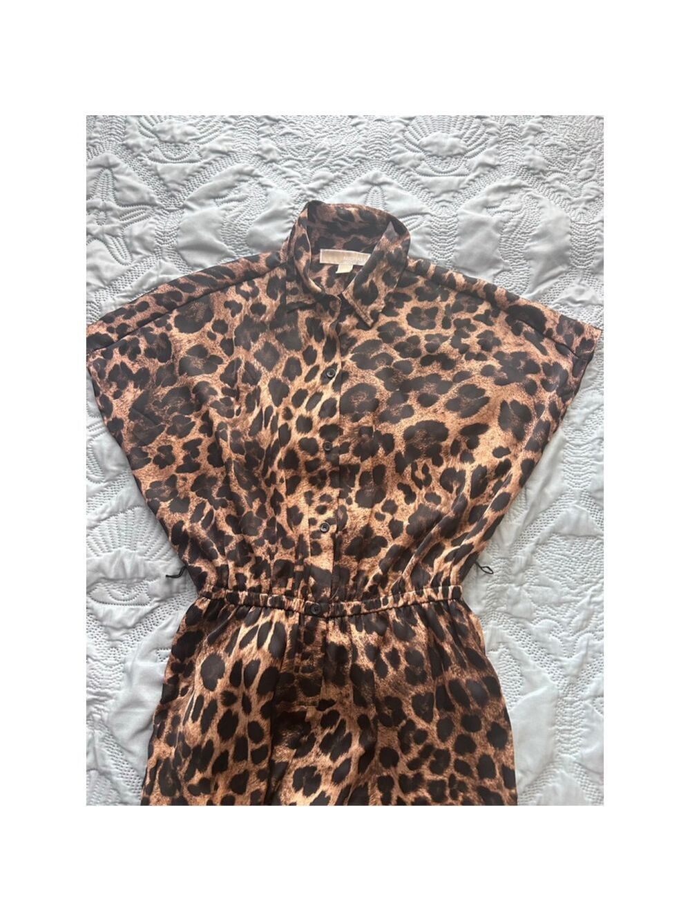 Michael Kors Leopard Print Wide Leg Jumpsuit XS Collared Button Front - Picture 8 of 13